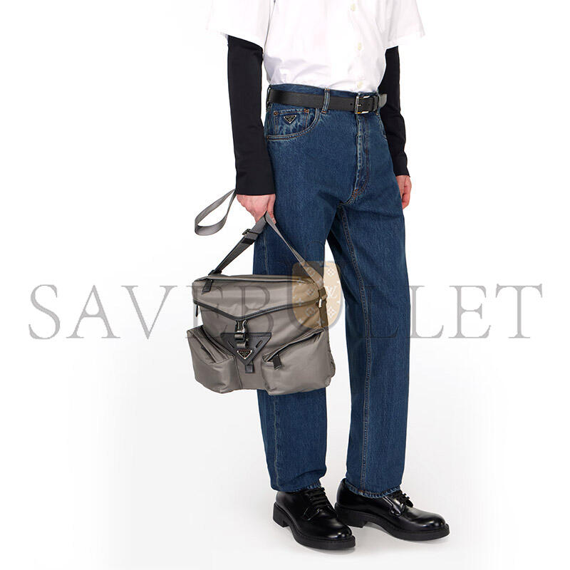 PRADA IRON GRAY RE-NYLON AND LEATHER SHOULDER BAG 2VD062 (29*23*15cm)